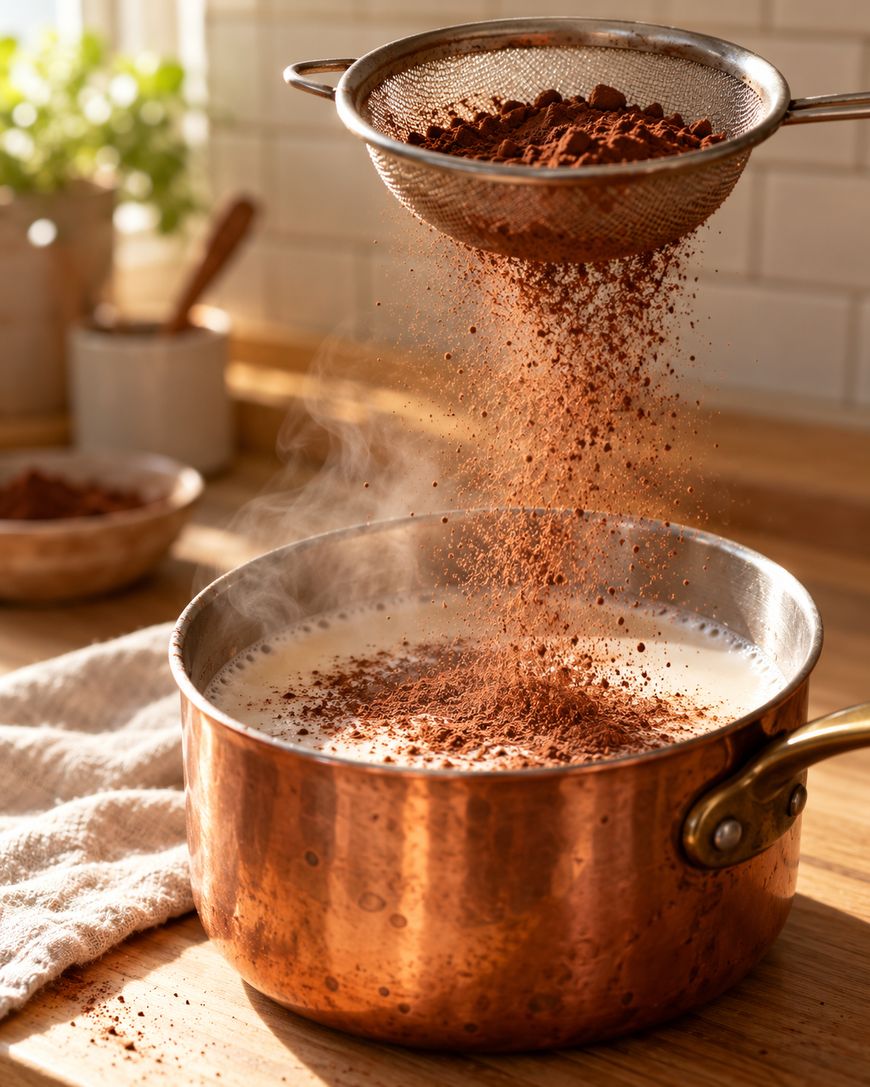 Cocoa powder is being sifted into a steaming copper saucepan filled with milk, sitting on a kitchen counter with sunlight streaming in.