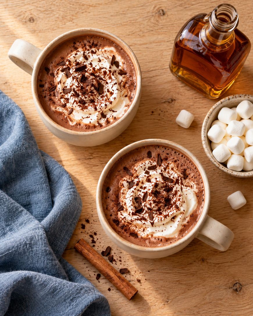 Two mugs of hot chocolate with whipped cream and chocolate shavings on a wooden table, next to a bowl of mini marshmallows, a bottle of syrup, a cinnamon stick, and a blue cloth.