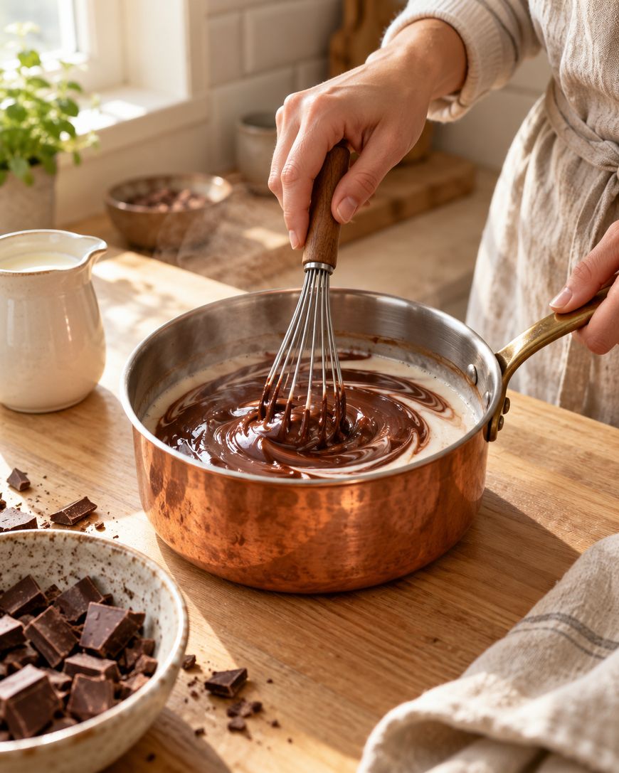 A person whisks chocolate and milk in a copper saucepan on a wooden countertop, with a jug of milk and chopped chocolate nearby.