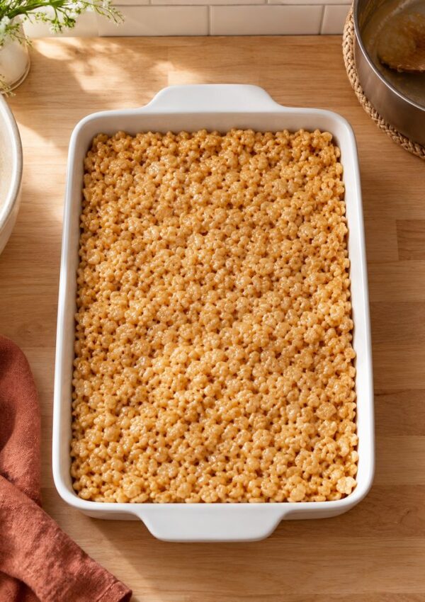 A white baking dish filled with homemade Rice Krispies treats sits on a wooden countertop, surrounded by kitchen items and a rust-colored cloth.