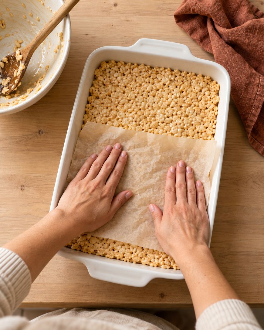 Hands press parchment paper over rice crispy treat mixture in a white baking dish on a wooden table. A mixing bowl with a spoon and a rust-colored cloth are nearby.