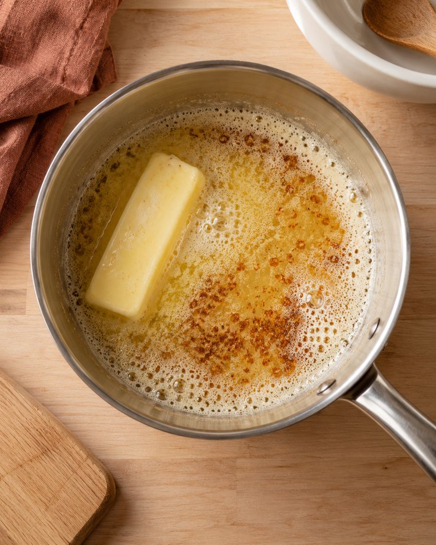A stick of butter melting and browning in a stainless steel saucepan on a wooden surface, with visible browned milk solids and foam.