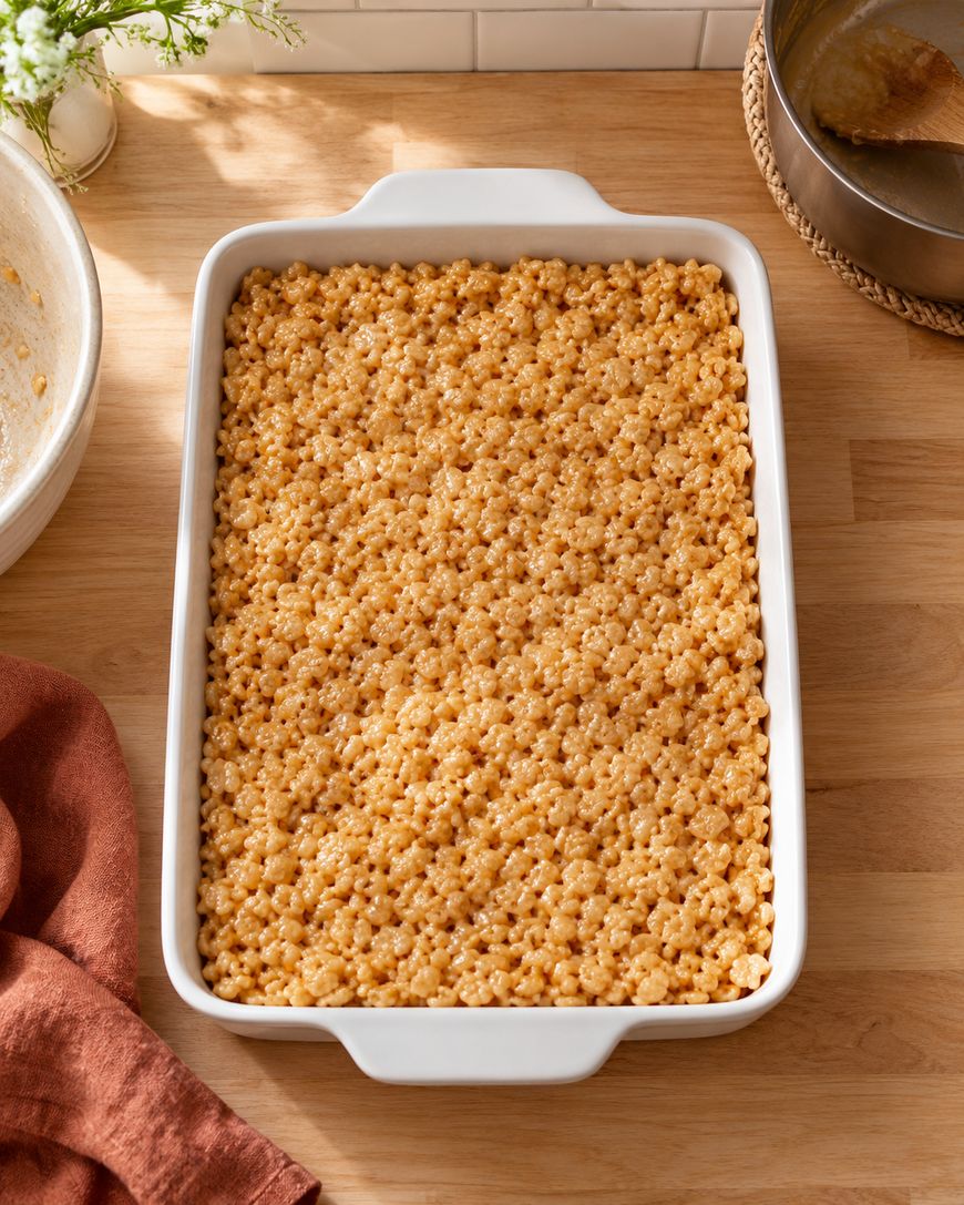 A white baking dish filled with rice krispie treats sits on a wooden countertop, with a red cloth nearby and kitchen items in the background.