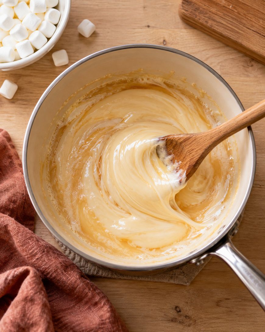 A saucepan with melted marshmallows being stirred by a wooden spoon, next to a bowl of mini marshmallows and a brown cloth on a wooden surface.