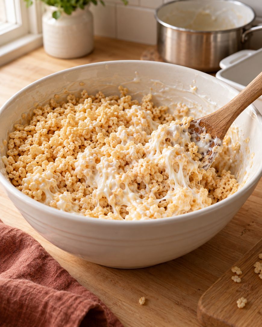 A large white bowl filled with sticky, partially mixed Rice Krispie treats and a wooden spoon. A pot and a plant are in the background on a wooden countertop.