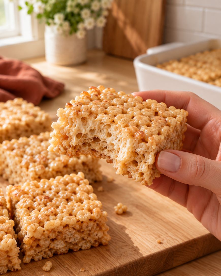 A hand holds a Rice Krispies treat with a bite taken out. More treats are on a wooden surface and in a dish. Sunlight streams through a window with flowers in the background.
