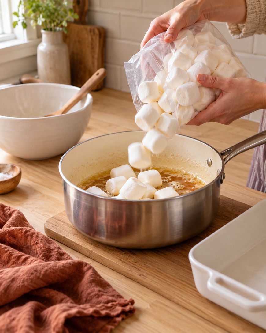 A person adds large marshmallows from a bag into a saucepan of melted butter on a wooden kitchen counter, with bowls and a baking dish nearby.