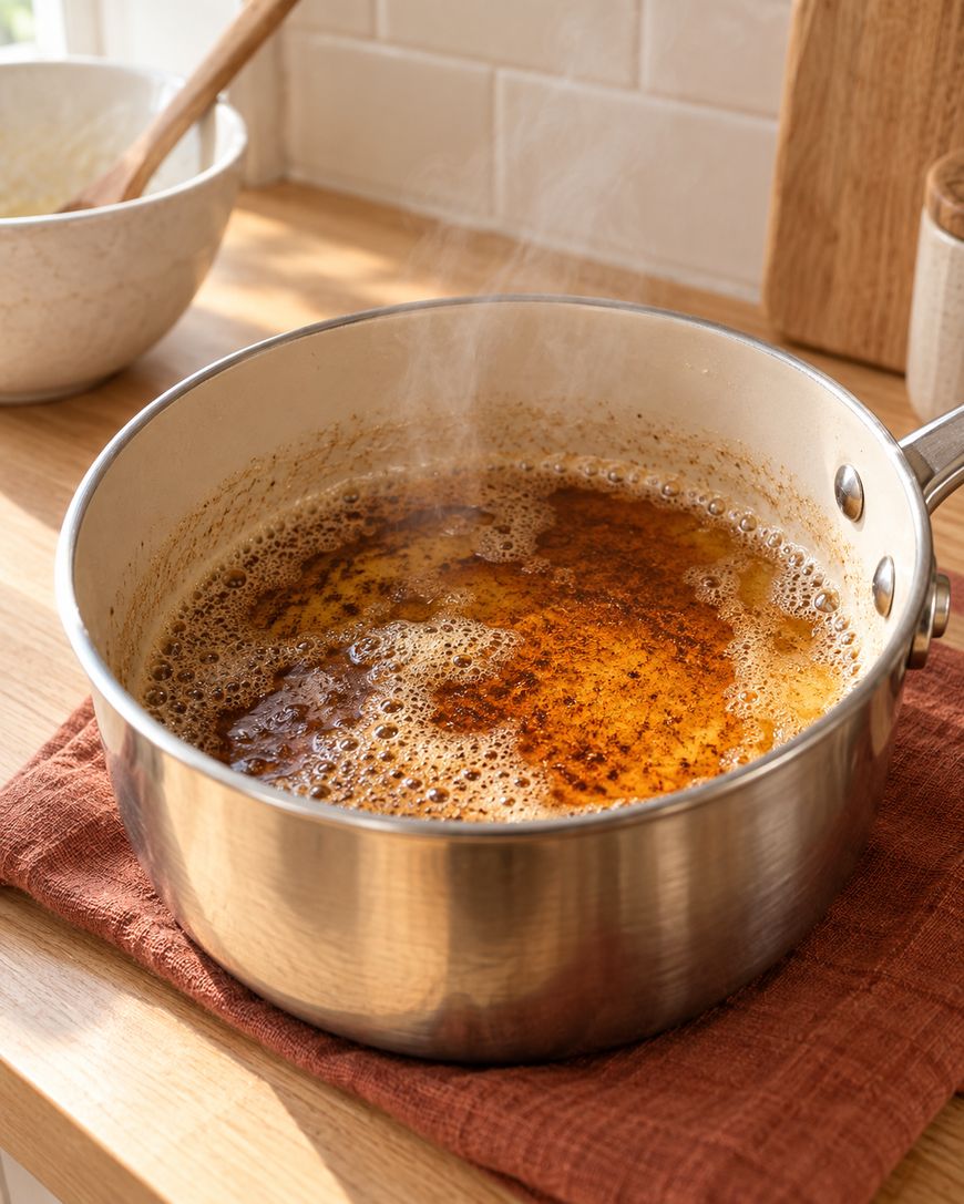 A stainless steel saucepan with bubbling brown butter sits on a brown cloth, steaming in a sunlit kitchen. A bowl and wooden spoon are in the background near a white tiled backsplash.