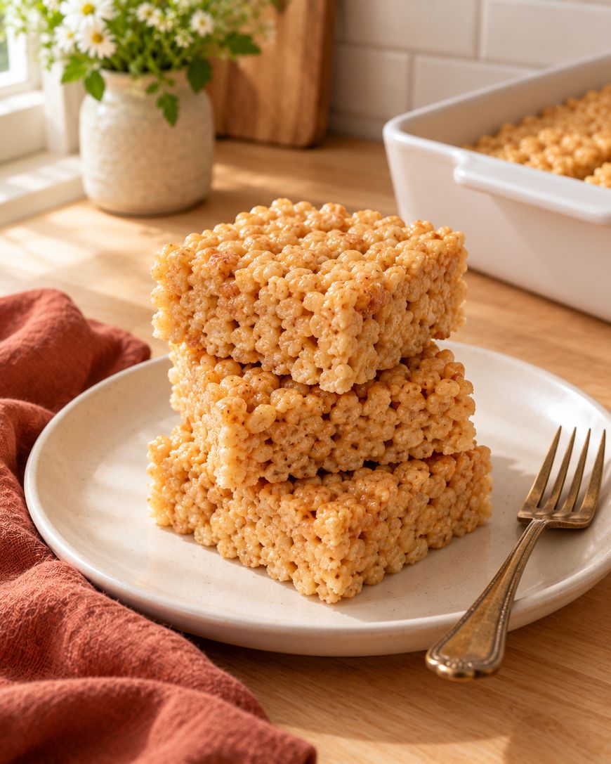 Three rice crispy treats are stacked on a white plate with a fork beside them. A brown cloth, flowers in a vase, and a baking dish with more treats are in the background on a wooden countertop.
