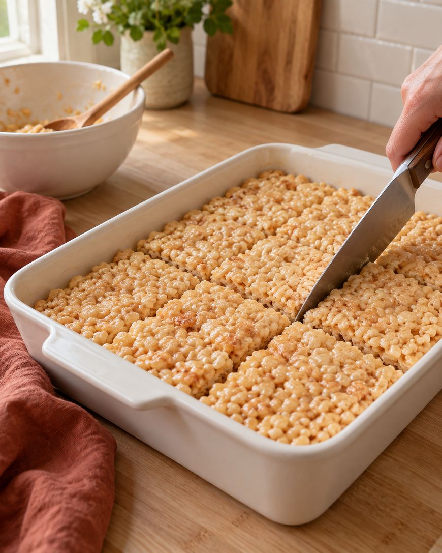 A hand cuts a large pan of Rice Krispies treats into squares on a wooden kitchen counter, with a mixing bowl and a red cloth nearby.