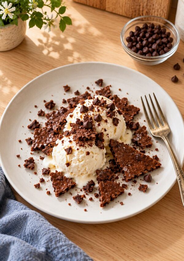 A plate with two scoops of vanilla ice cream topped with crumbled chocolate pieces and chocolate chips, a fork on the side, and a bowl of chocolate chips in the background.