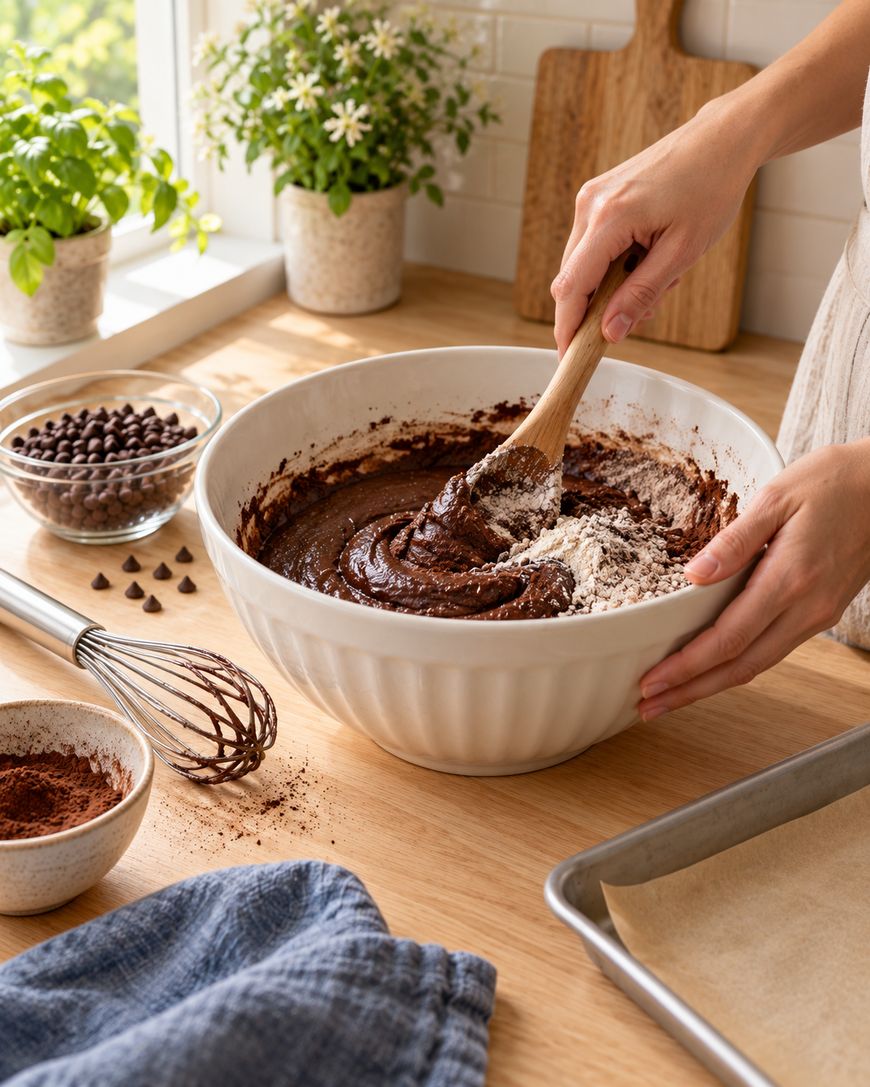 A person mixes chocolate batter in a large white bowl with a wooden spoon on a kitchen counter, surrounded by baking ingredients and tools.
