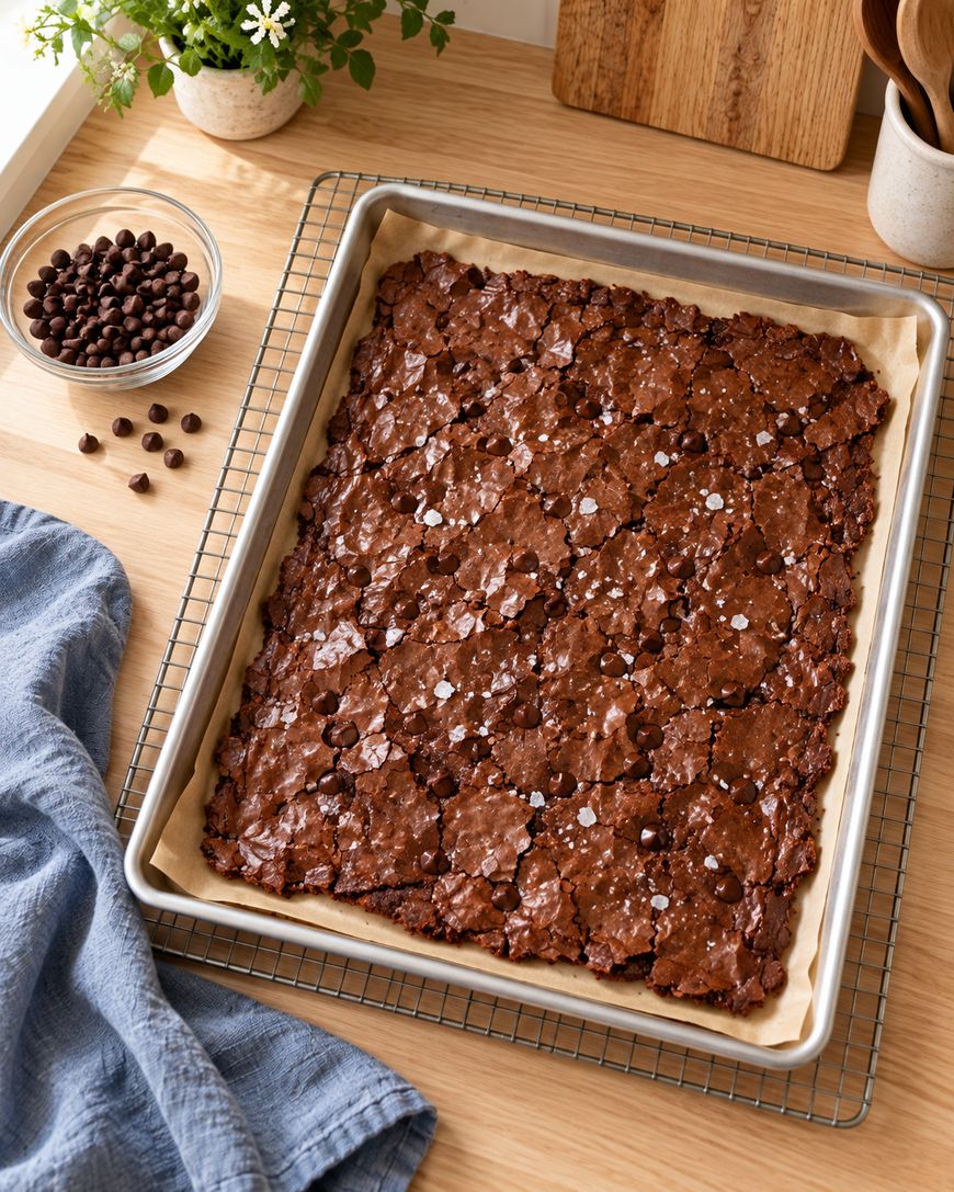 A pan of freshly baked brownies with a crinkly top sits on a cooling rack. A bowl of chocolate chips, a blue cloth, and a small plant are nearby on the wooden counter.