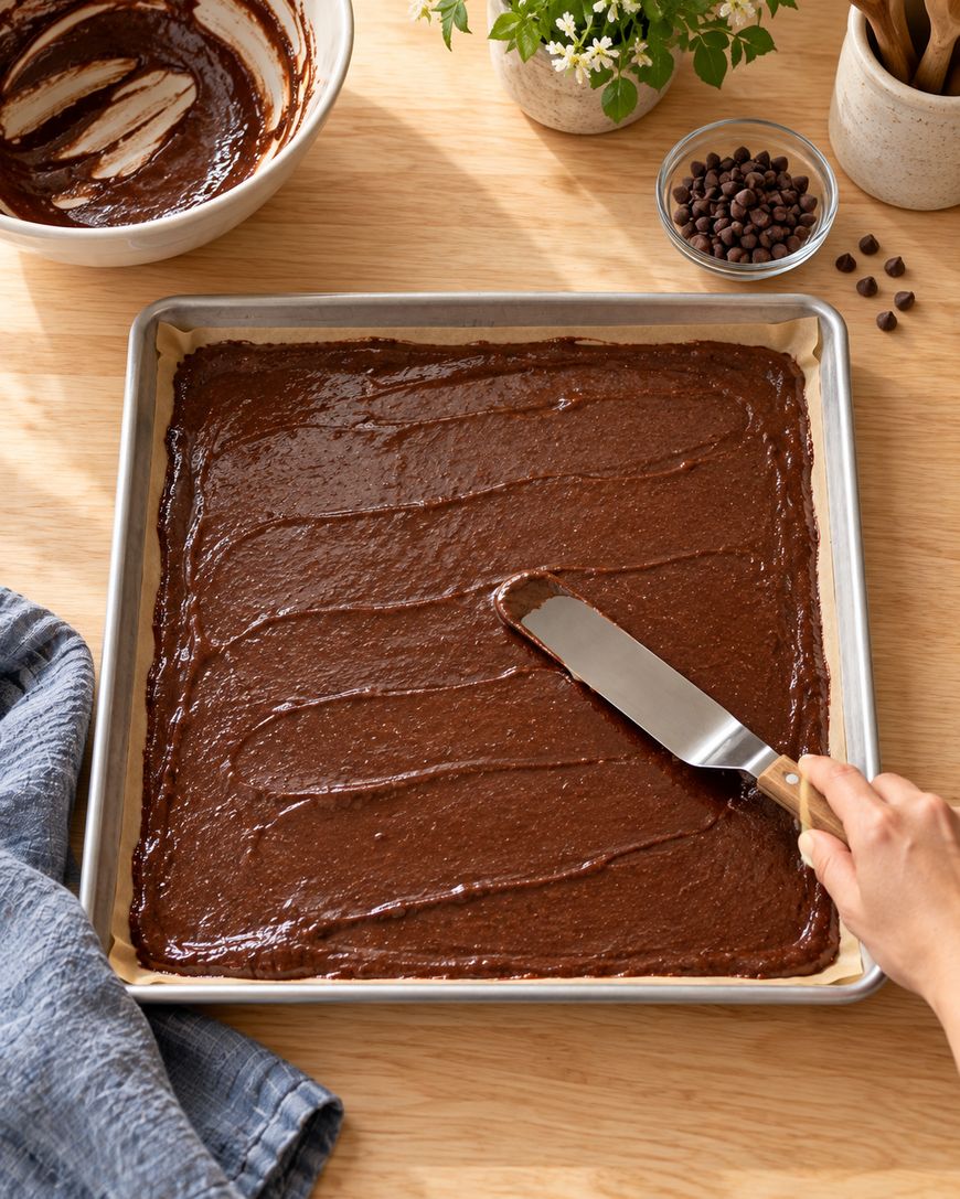 A hand spreads chocolate batter evenly in a rectangular baking tray with a spatula. Nearby are a bowl with leftover batter, a blue towel, a glass bowl of chocolate chips, and a potted plant on a wooden table.
