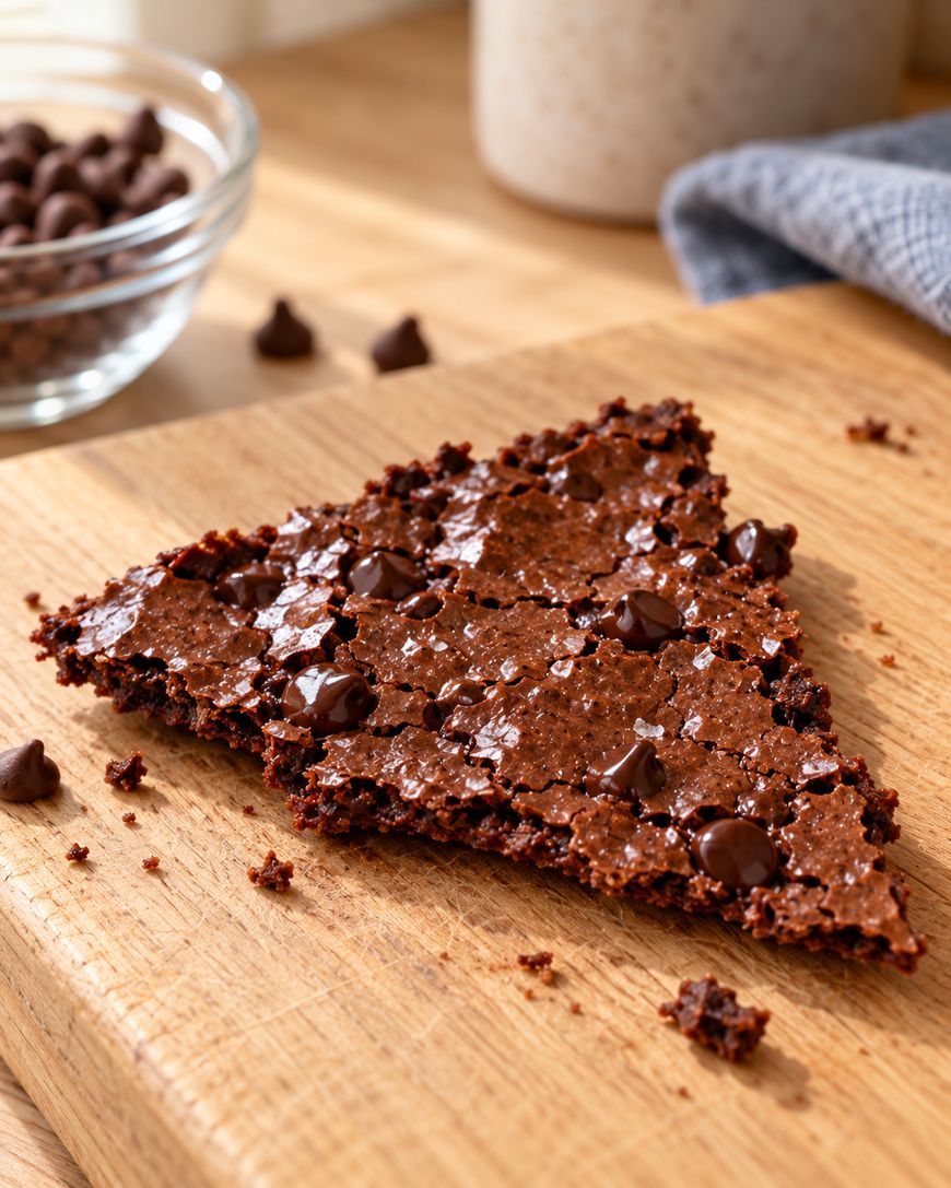 A triangular piece of chocolate chip brownie sits on a wooden board, with chocolate chips scattered on top and a bowl of chocolate chips in the background.