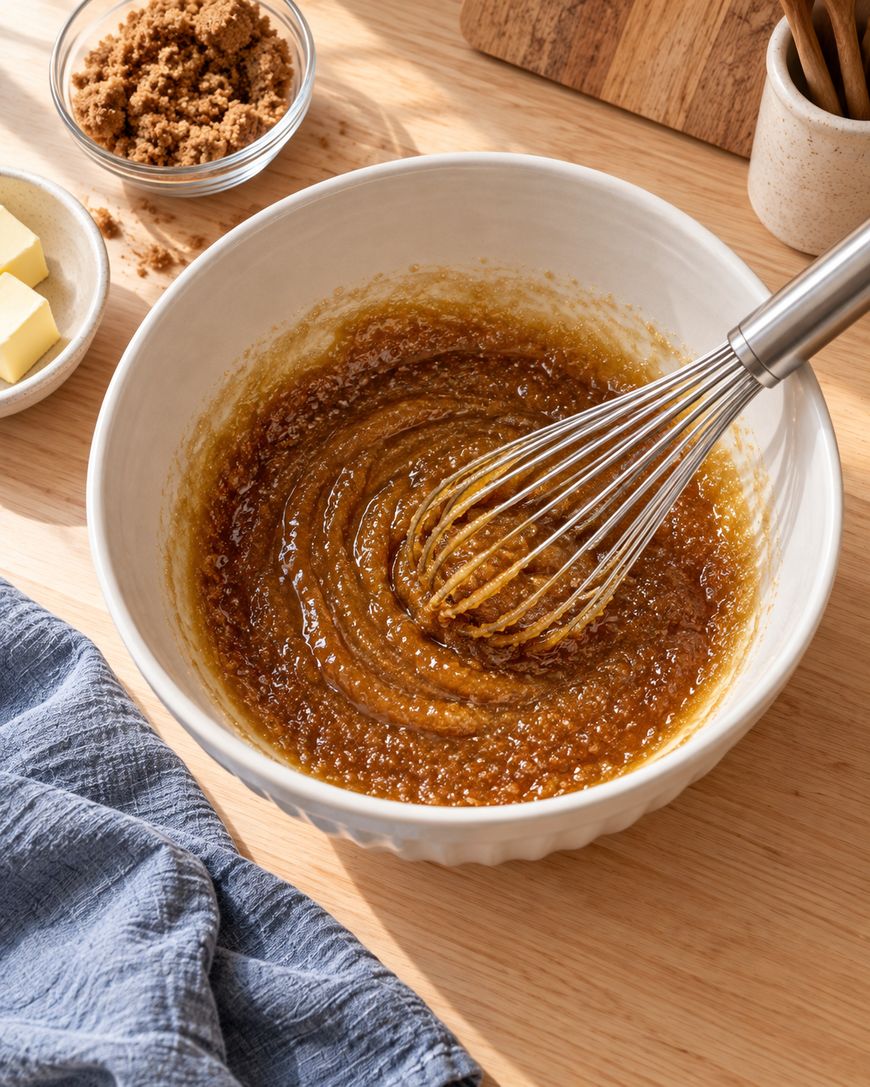 A whisk mixes brown sugar and melted butter in a white bowl on a wooden surface, surrounded by a blue towel, butter slices, and a small bowl of brown sugar.