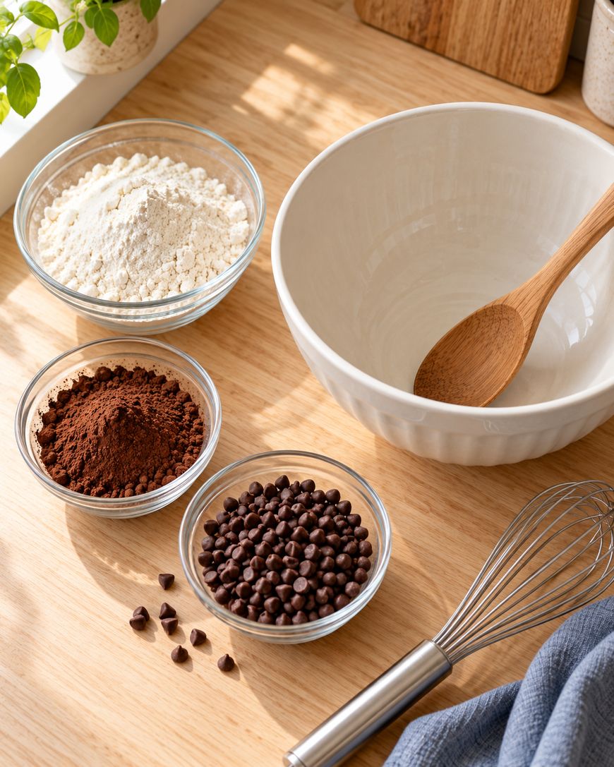 A mixing bowl with a wooden spoon, a whisk, and three glass bowls filled with flour, cocoa powder, and chocolate chips on a wooden countertop in natural light.