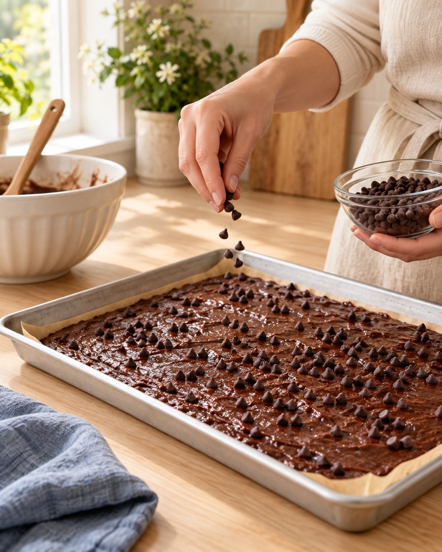 A person sprinkles chocolate chips over brownie batter in a baking tray. A bowl with chocolate batter and a blue kitchen towel are on the wooden counter nearby. Sunlight streams in through a window with potted plants.