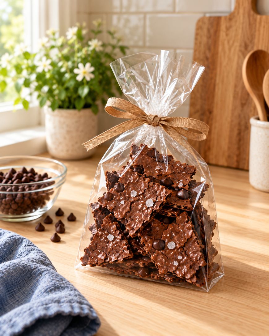 A clear bag tied with a brown ribbon holds chocolate bark pieces on a kitchen counter. Nearby are a bowl of chocolate chips, a blue towel, wooden utensils, and a potted plant by the window.