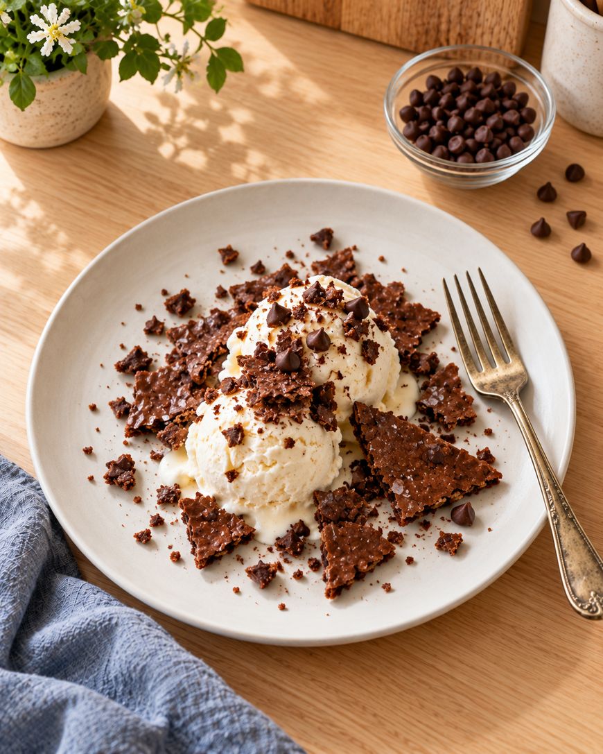 A plate with vanilla ice cream scoops topped with chocolate shards and chocolate chips, a fork on the side, and a small bowl of chocolate chips and potted plants in the background.