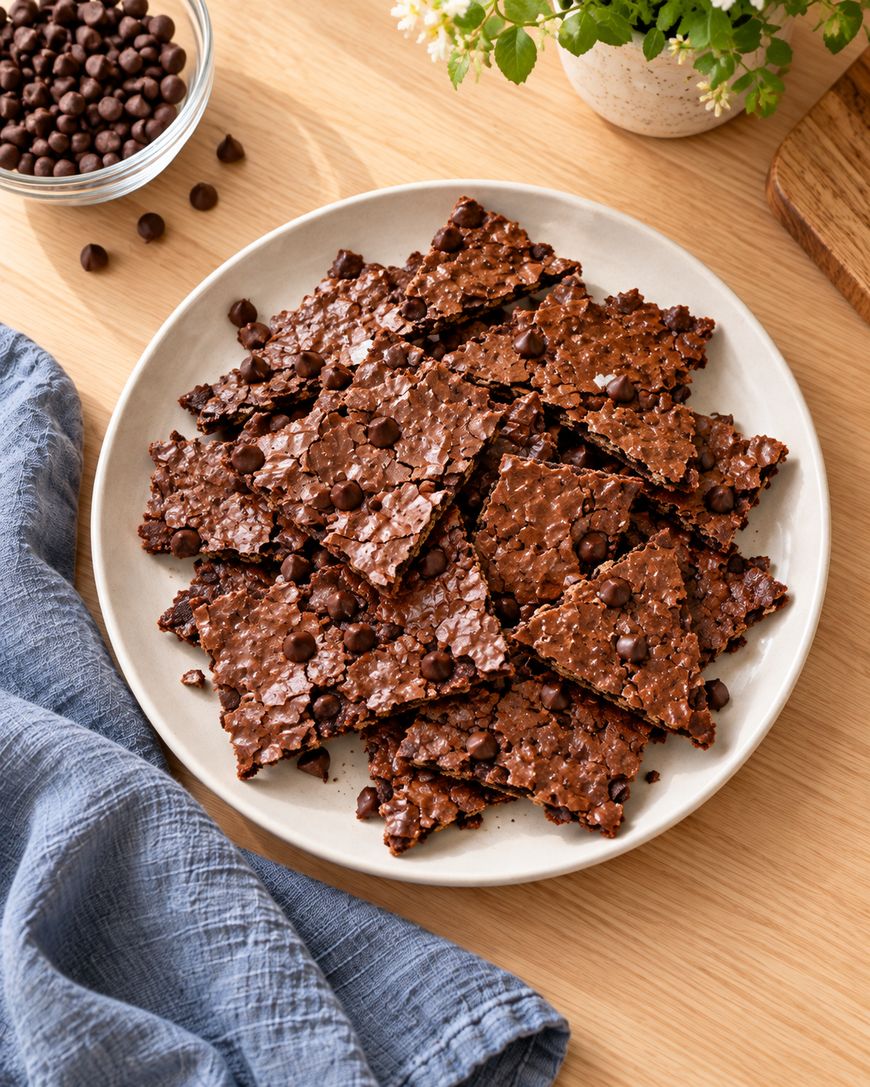 A plate of chocolate chip brownie brittle pieces sits on a wooden table near a blue napkin, a bowl of chocolate chips, and a potted plant.