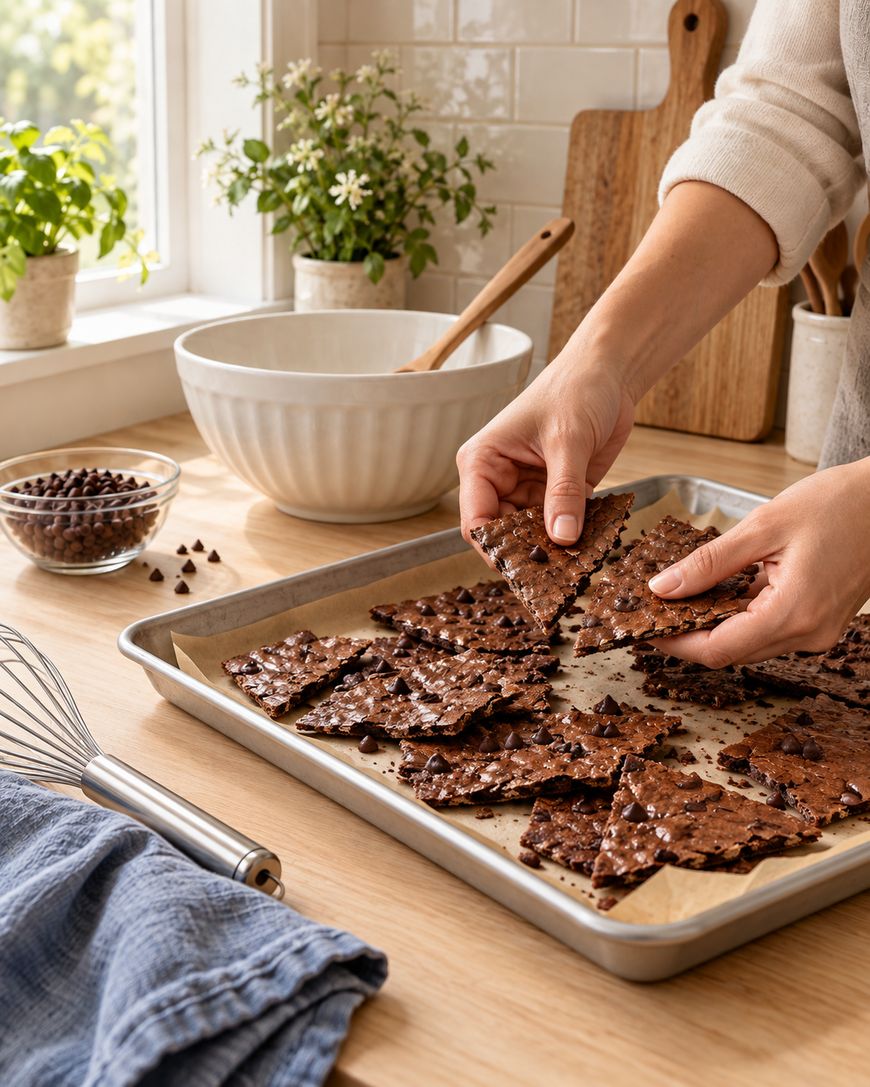 A person arranges pieces of chocolate bark on a parchment-lined baking sheet in a kitchen, with baking tools, chocolate chips, plants, and a bowl on the counter.