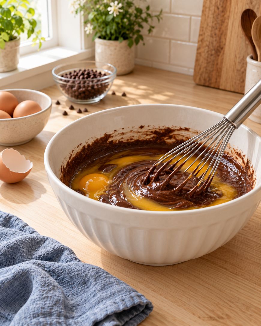 A whisk mixes eggs into chocolate batter in a white bowl on a kitchen counter. Nearby are eggs, chocolate chips, a blue towel, and potted plants by a sunlit window.
