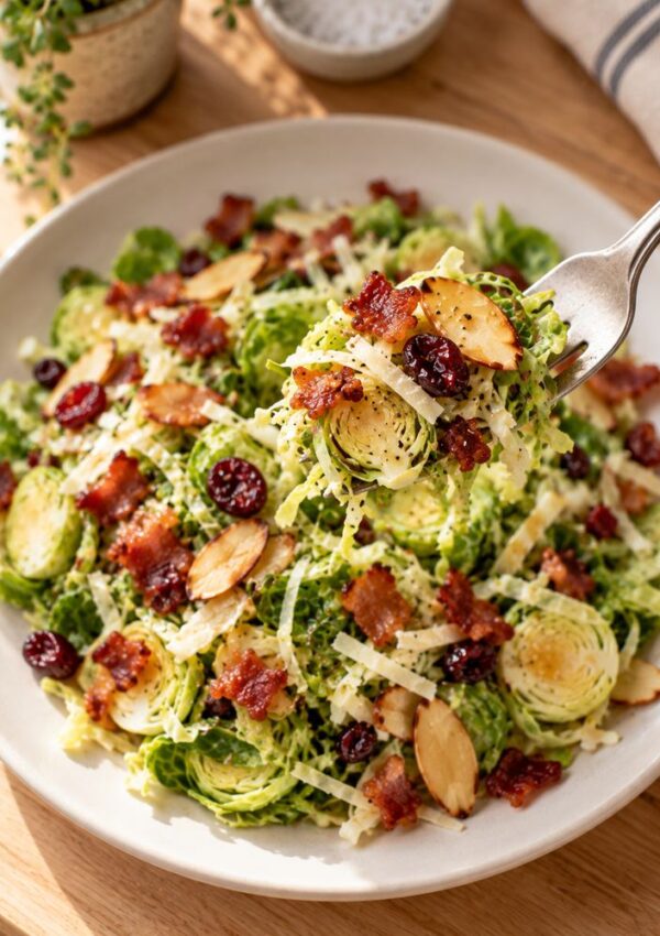 A fork lifts a bite of Brussels sprouts salad with bacon, sliced almonds, cranberries, and shredded cheese on a white plate, set on a wooden table.