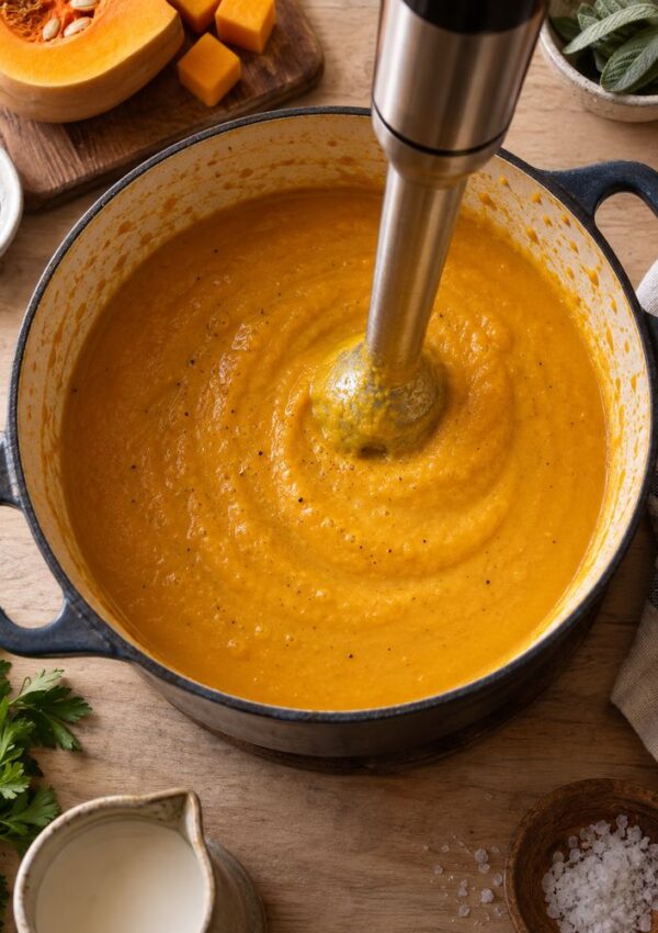 An immersion blender purees orange soup in a large pot on a wooden table, surrounded by herbs, cream, salt, pepper, and cubed butternut squash.