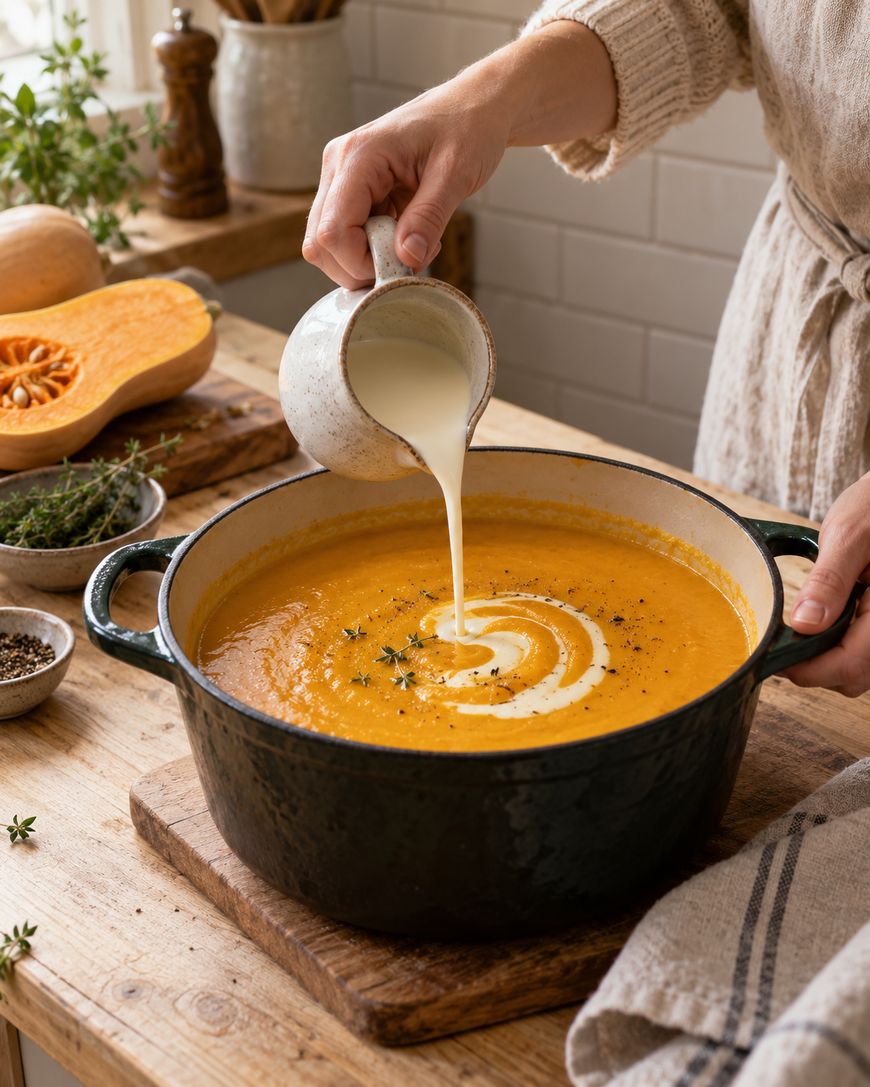 A person pours cream into a pot of butternut squash soup, garnished with thyme, on a wooden kitchen counter with fresh herbs and a squash nearby.