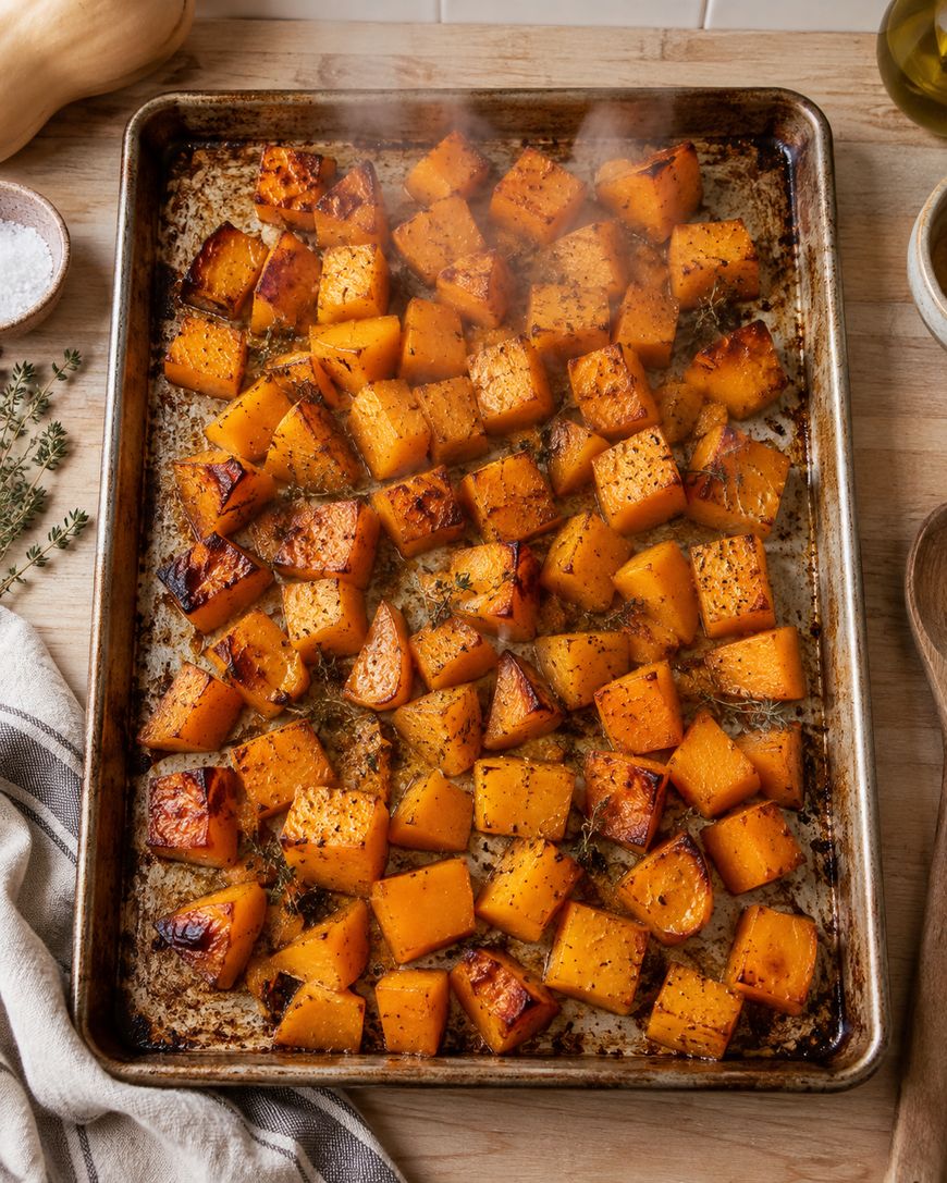 A sheet pan filled with roasted butternut squash cubes, golden brown and seasoned with herbs, sits on a wooden surface next to a towel, olive oil, salt, and fresh thyme. Steam rises from the hot squash.