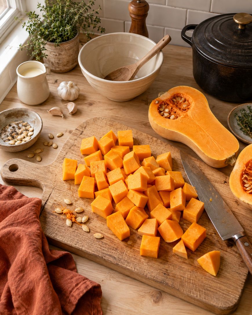 Cubed butternut squash on a wooden cutting board with a knife. Whole and halved squash, seeds, and kitchen items like a black pot and bowls are on a wooden countertop. Warm, natural lighting.