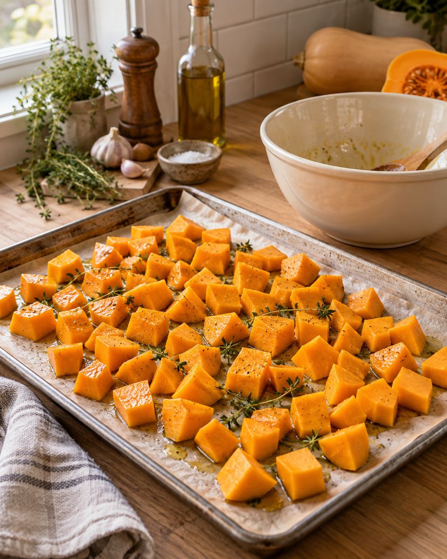Cubed butternut squash on a baking sheet, seasoned with herbs and pepper, ready to roast. A mixing bowl, olive oil, salt, garlic, and kitchen towel are nearby on a wooden countertop by a window.