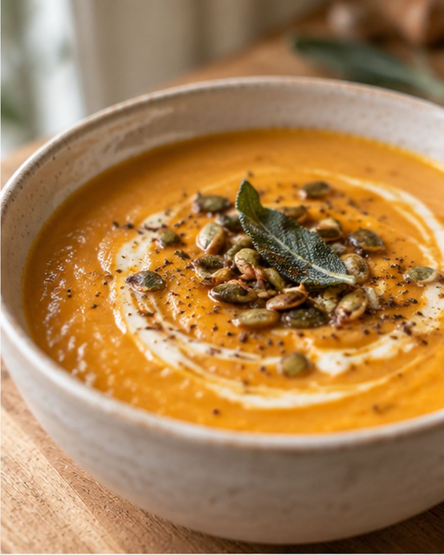 A bowl of creamy orange soup topped with a swirl of cream, roasted pumpkin seeds, black pepper, and fresh herbs, sits on a wooden surface.