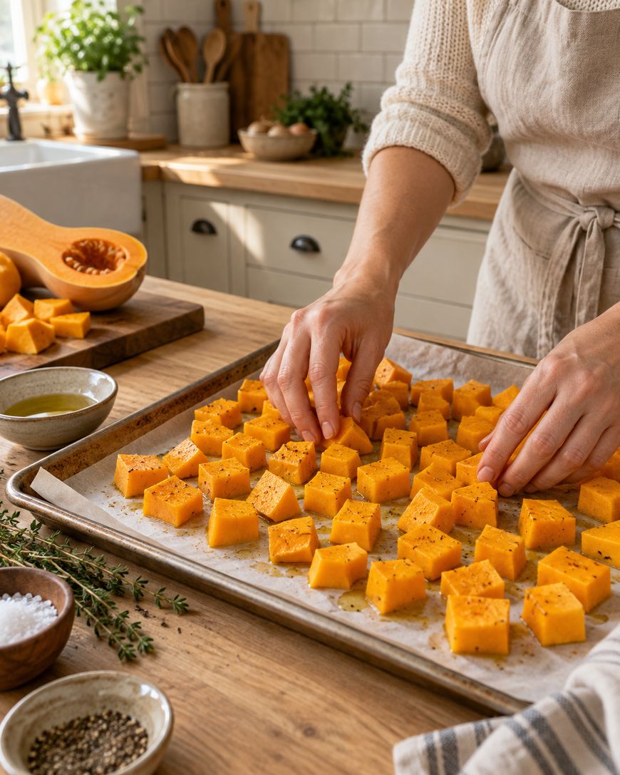 Person arranging seasoned butternut squash cubes on a parchment-lined baking sheet in a cozy kitchen, with bowls of salt, pepper, and herbs nearby.