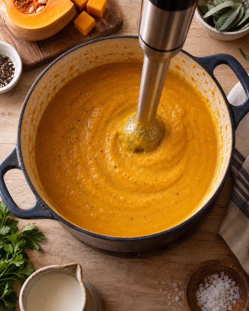 An immersion blender purees orange butternut squash soup in a large pot. Fresh herbs, cream, salt, pepper, and sliced squash surround the pot on a wooden table.