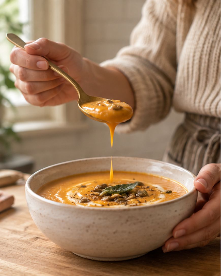 A person holds a spoonful of creamy orange soup with seeds and herbs above a ceramic bowl, with soup dripping off the spoon. Warm, cozy setting with natural light.