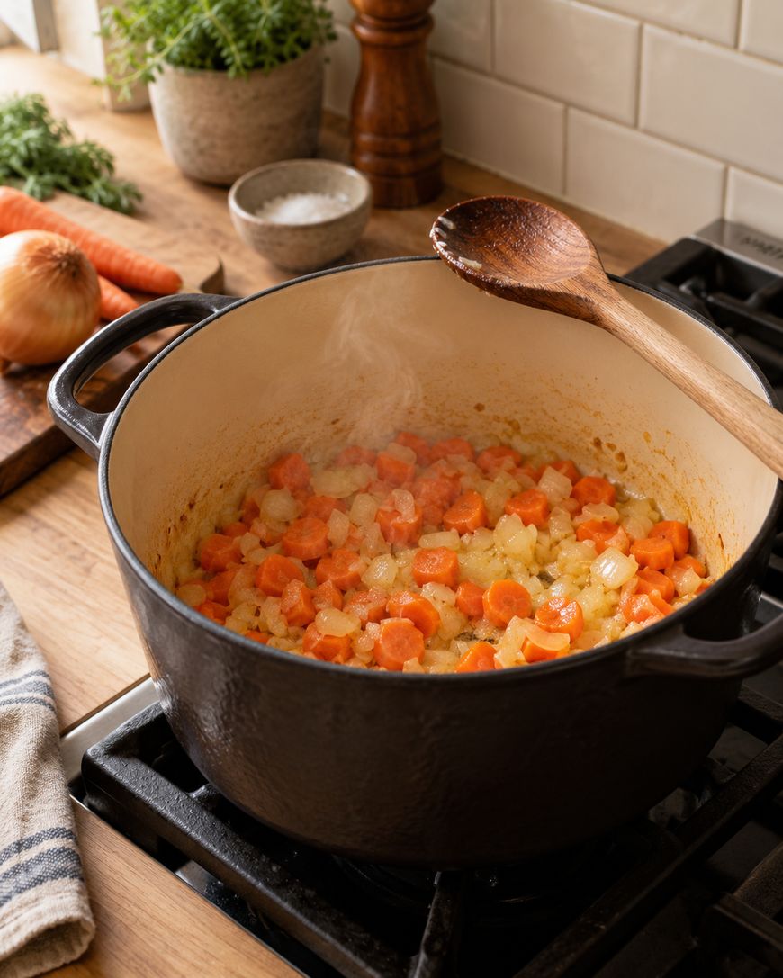Chopped carrots and onions cooking in a black Dutch oven on a stove, with a wooden spoon resting on the pot. Fresh herbs, salt, carrots, and an onion are on the counter in the background.
