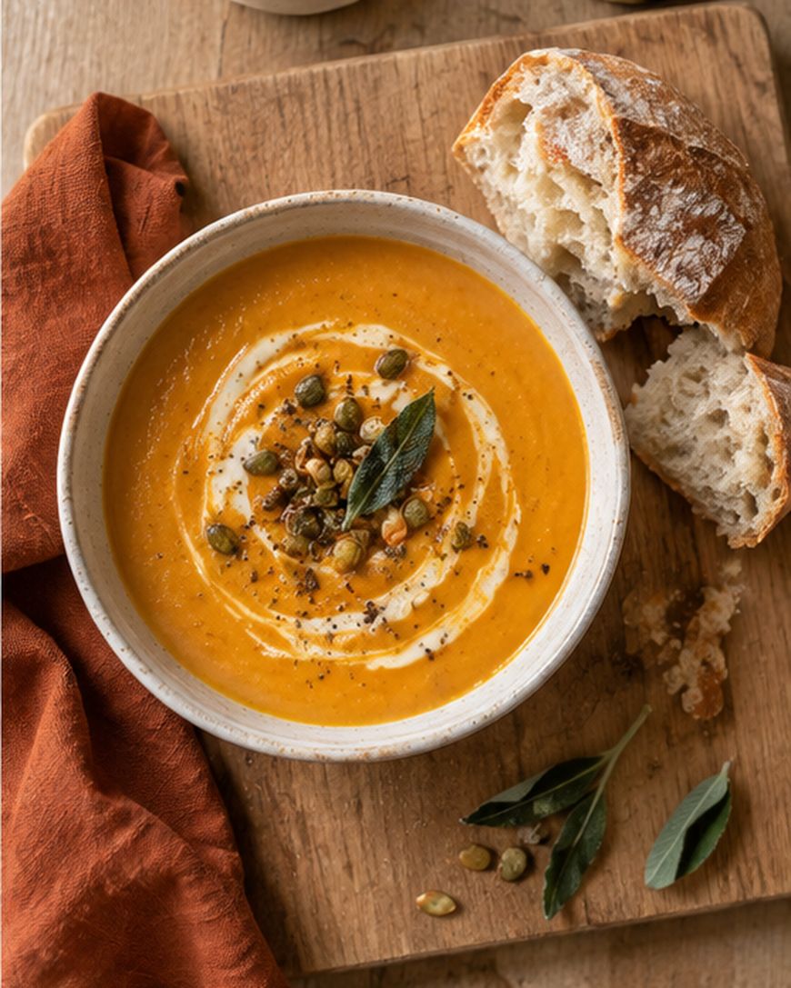 A bowl of creamy orange soup garnished with seeds, herbs, and a swirl of cream, served with rustic bread on a wooden board next to a burnt orange napkin.