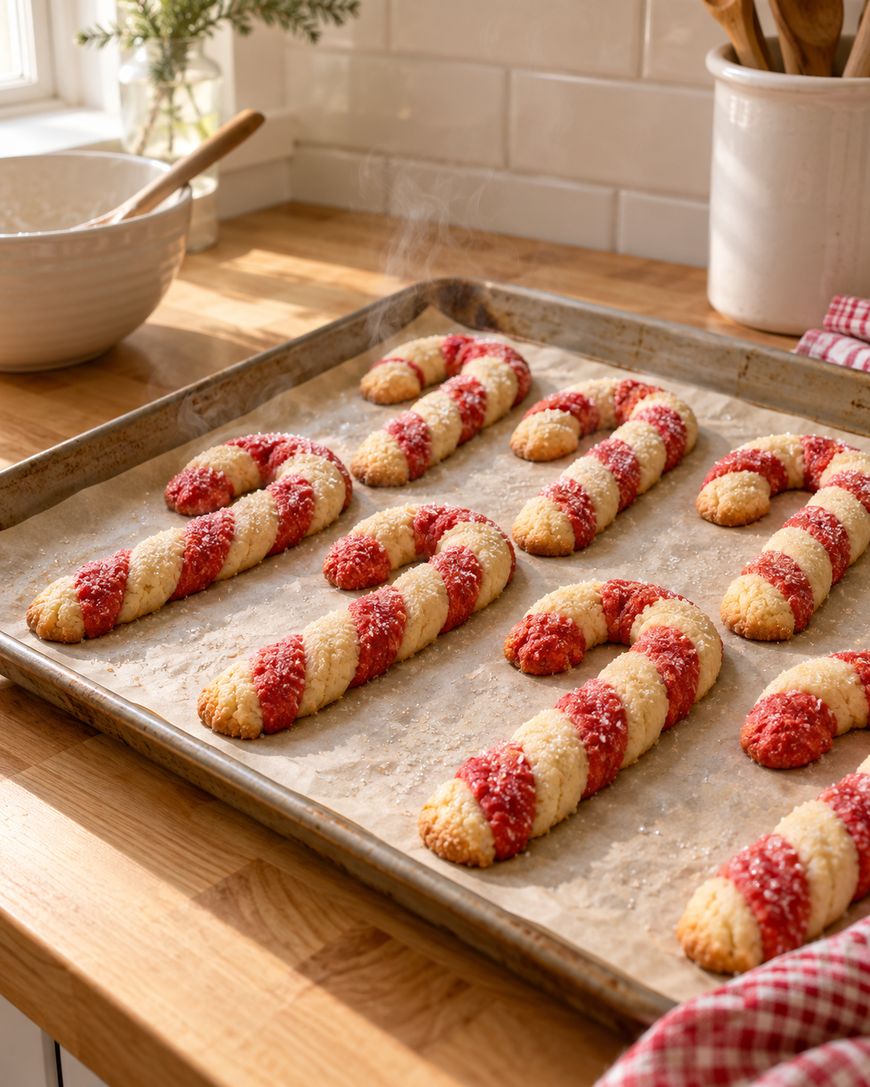 A baking tray on a wooden counter holds freshly baked, red and white striped candy cane cookies. Steam rises from the cookies, and kitchen utensils and a bowl are in the background.