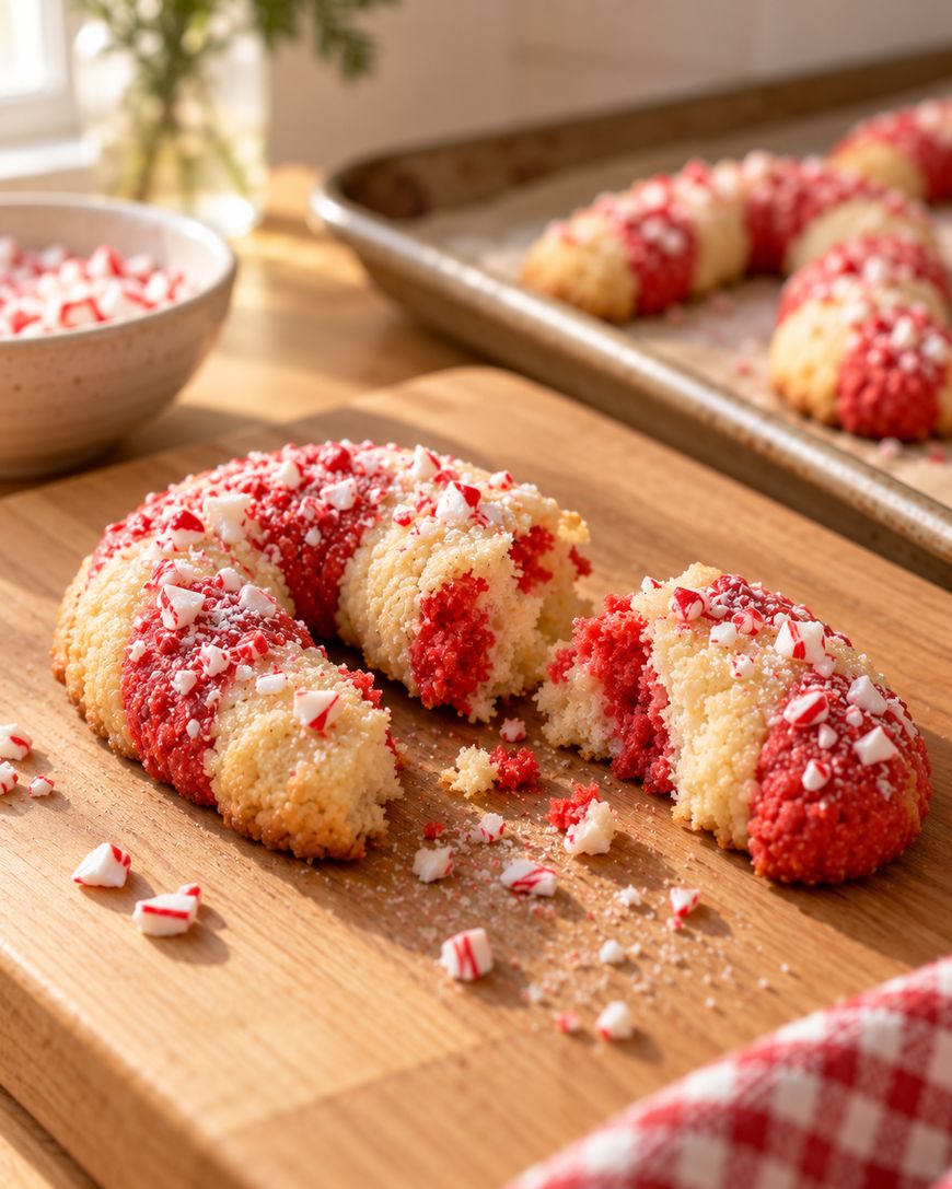 Candy cane-shaped cookies coated in red sugar and crushed peppermint are displayed on a wooden surface, with one broken cookie in the center. A baking tray and a bowl of crushed candy are visible in the background.