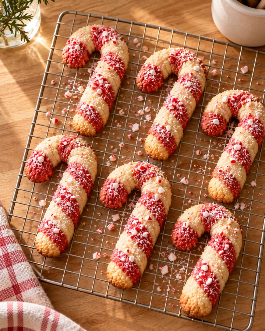 Candy cane-shaped cookies with red and white stripes sit on a cooling rack. The cookies are sprinkled with crushed peppermint pieces, set on a wooden surface with a checkered cloth nearby.