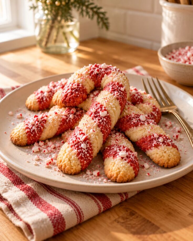 A plate of candy cane-shaped cookies with red and white swirls, sprinkled with crushed peppermint, sits on a striped towel on a wooden table. A fork and a bowl of crushed peppermints are beside it.