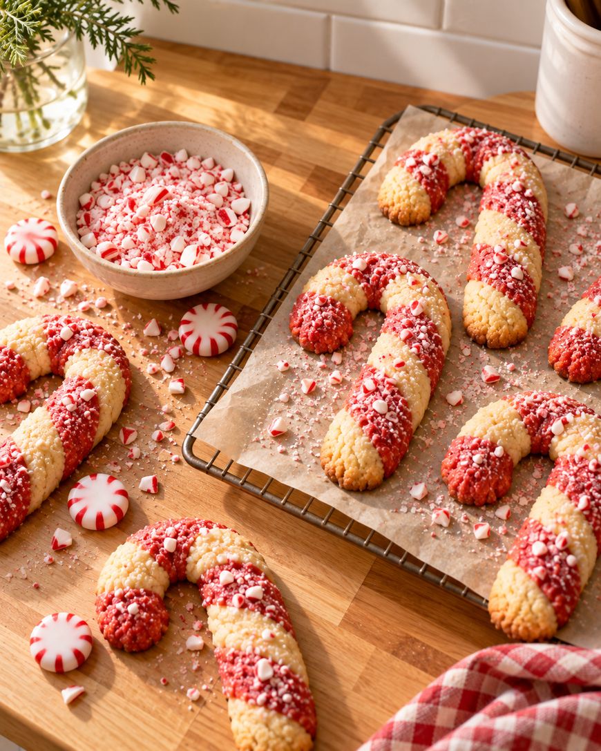 Candy cane-shaped cookies with red and white sugar, topped with crushed peppermint, sit on a cooling rack and wooden countertop. A bowl of crushed peppermint and some whole mints are also visible.