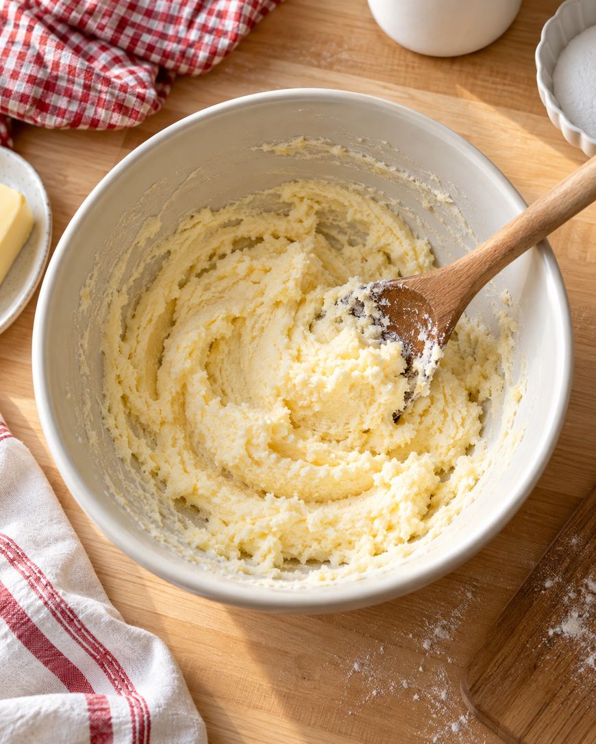 A mixing bowl with creamed butter and sugar, stirred with a wooden spoon, sits on a wooden surface next to a butter dish, a red-checked cloth, and flour.