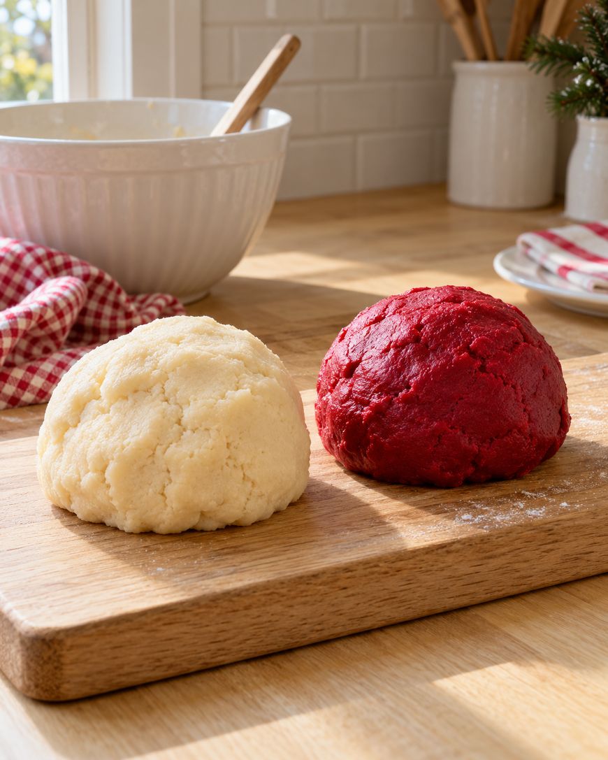 Two balls of dough, one plain and one red, sit on a wooden board on a sunlit kitchen counter. A mixing bowl, red plaid cloth, and kitchen utensils are in the background.