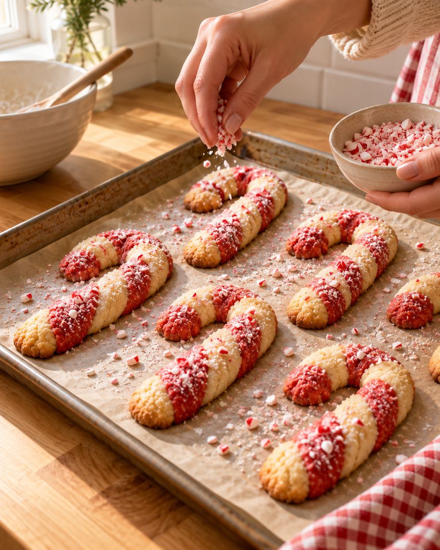 A hand sprinkles crushed peppermint candies over freshly baked candy cane-shaped cookies on a parchment-lined baking sheet. A bowl and more crushed candies are nearby on a wooden countertop in a cozy kitchen.
