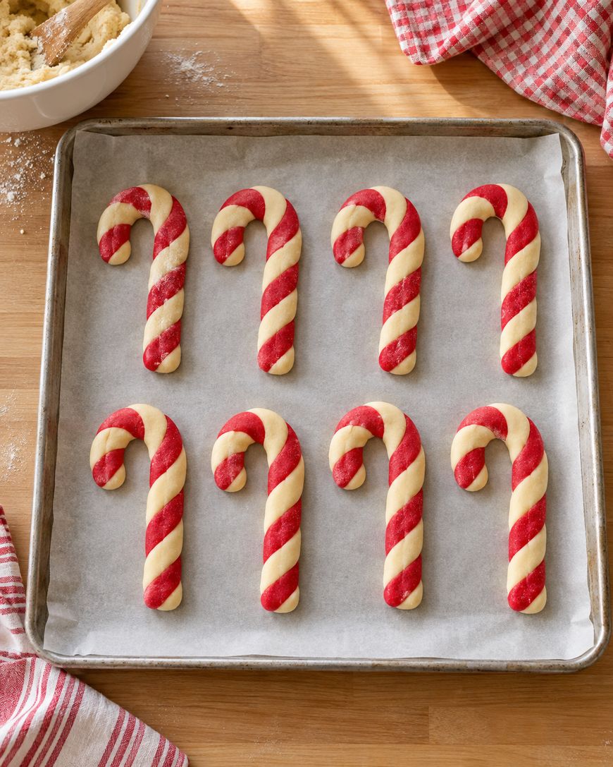 A baking sheet lined with parchment paper holds eight red and white striped candy cane-shaped cookies, ready to be baked. A mixing bowl and red plaid kitchen towels sit nearby on a wooden surface.