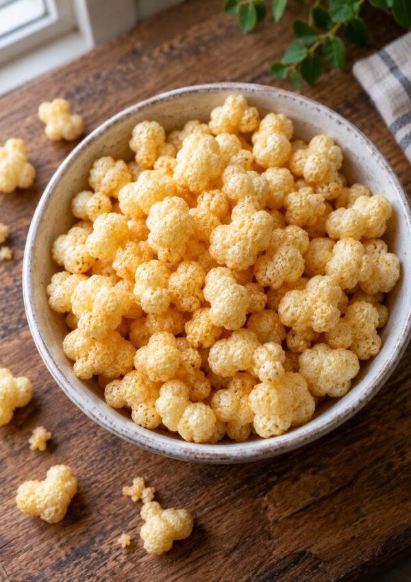 A bowl of puffed, golden, popcorn-like snacks sits on a wooden table, with a few snacks scattered around. A checkered cloth and a green plant are partially visible nearby.