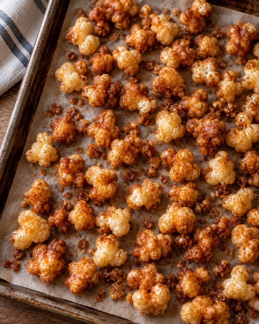 Caramel puff corn - Baked sheet close up